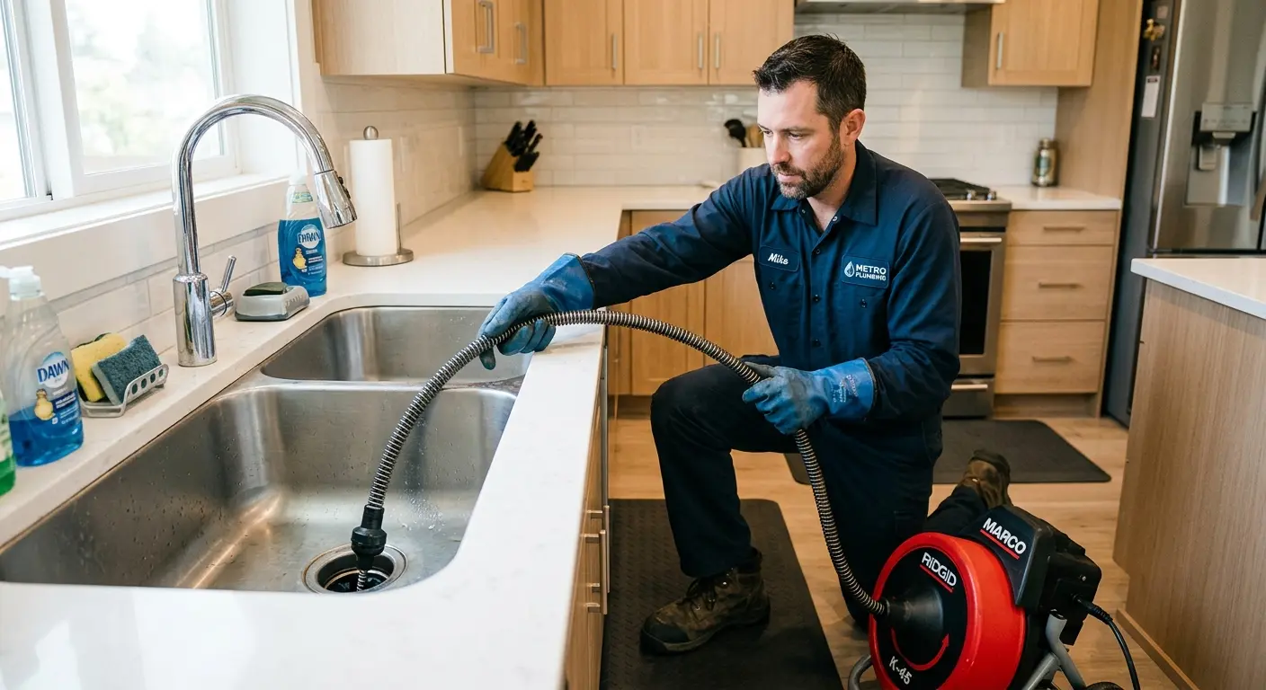 Drain cleaning technician using a motorized snake on a kitchen sink in Duncanville