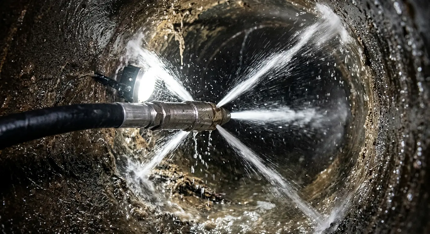 High-pressure hydro jetting nozzle cleaning sewer pipe for Trenchless Sewer Repair in Duncanville
