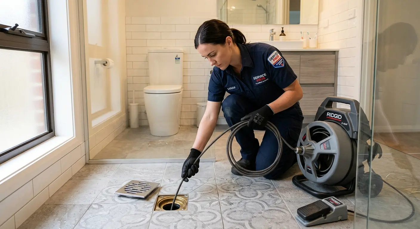 Technician clearing a bathroom floor drain for Sewer Line Replacement in Duncanville